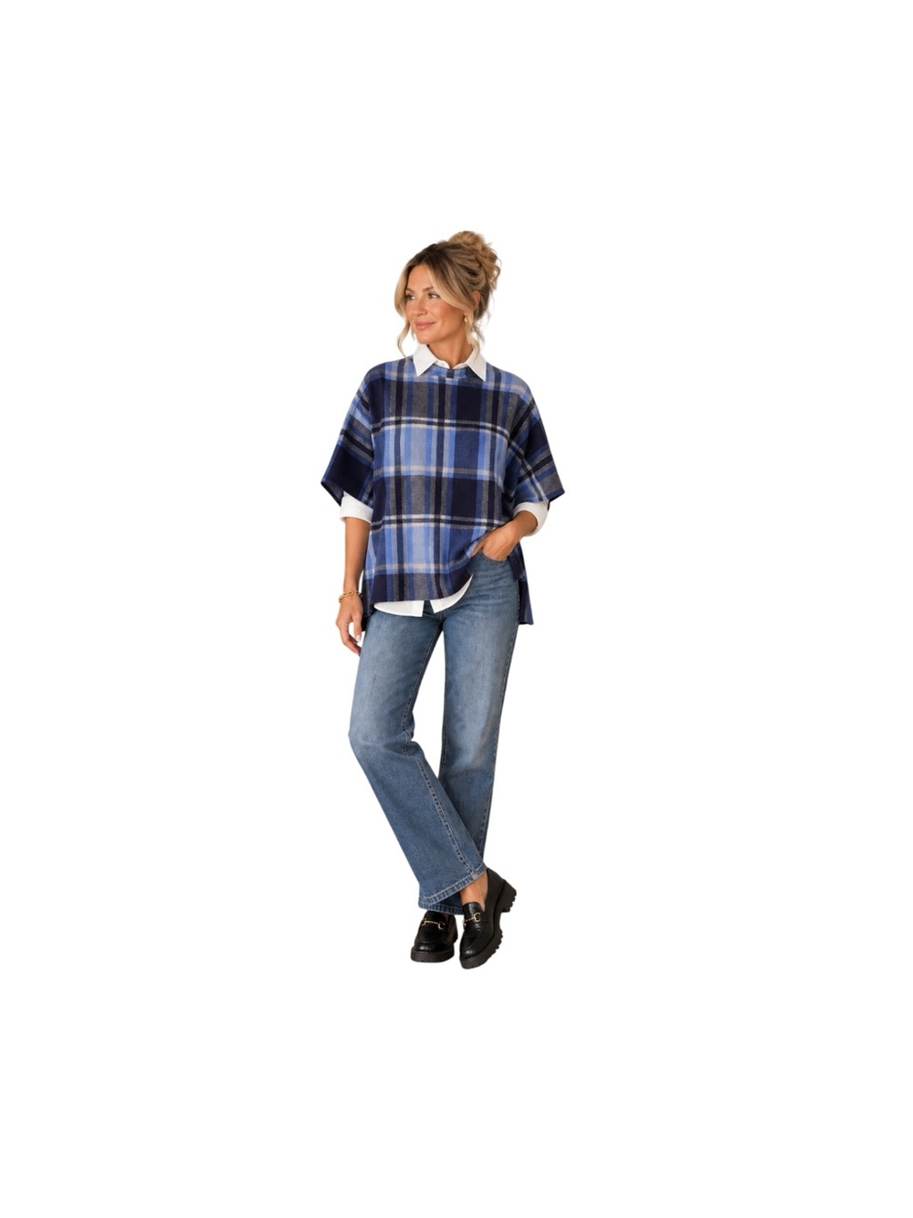 Joan Rivers Plaid Poncho Sweater M/L Blue Tartan Mock Neck Oversized Preppy